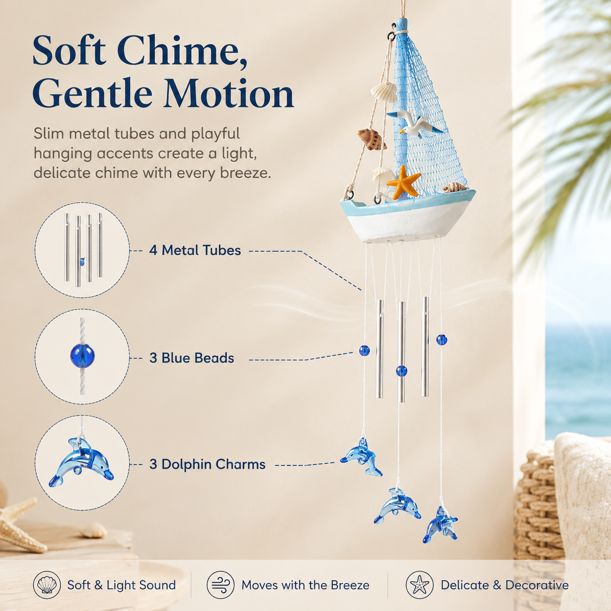 Coastal Sailboat Wind Chime with Dolphin Charms