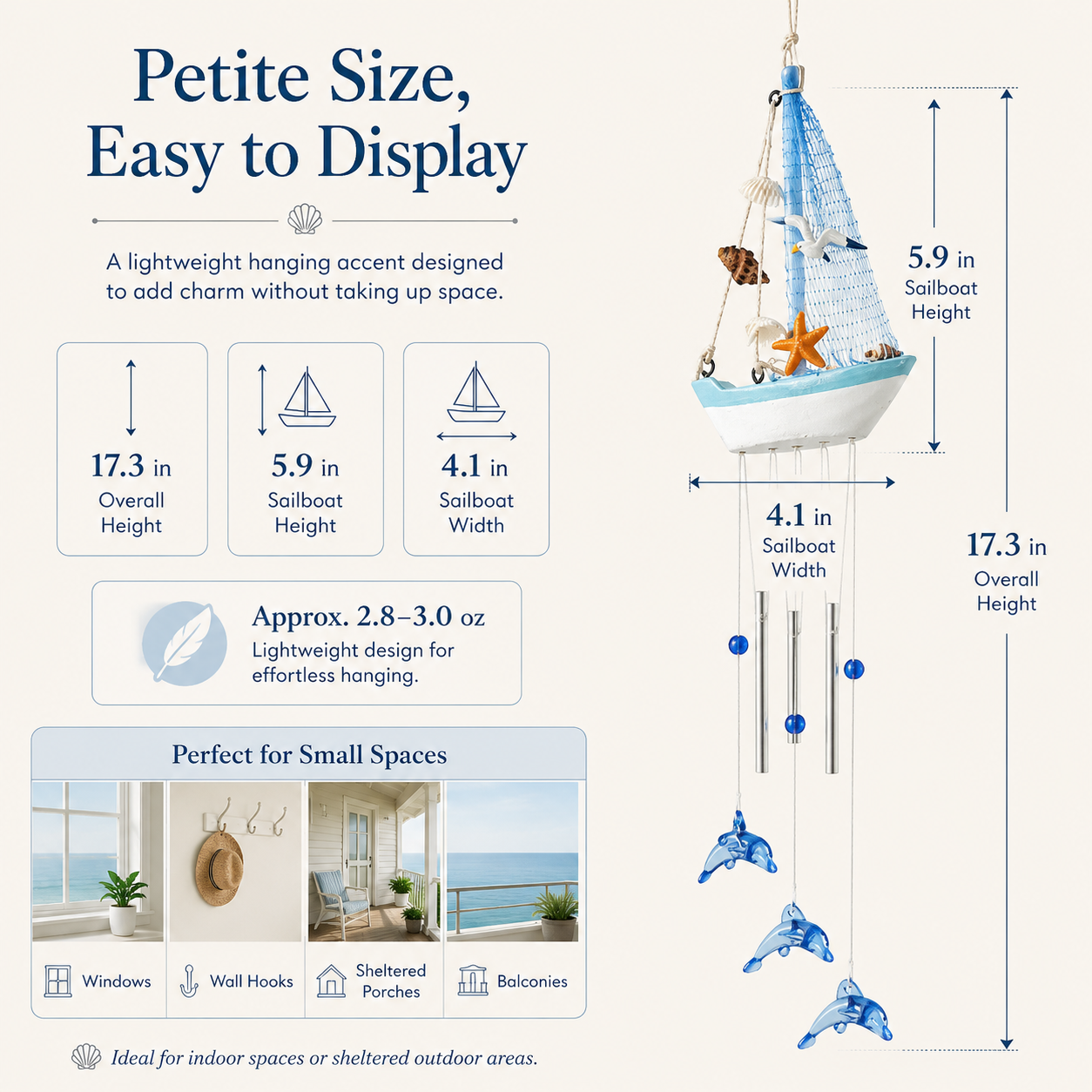 Coastal Sailboat Wind Chime with Dolphin Charms