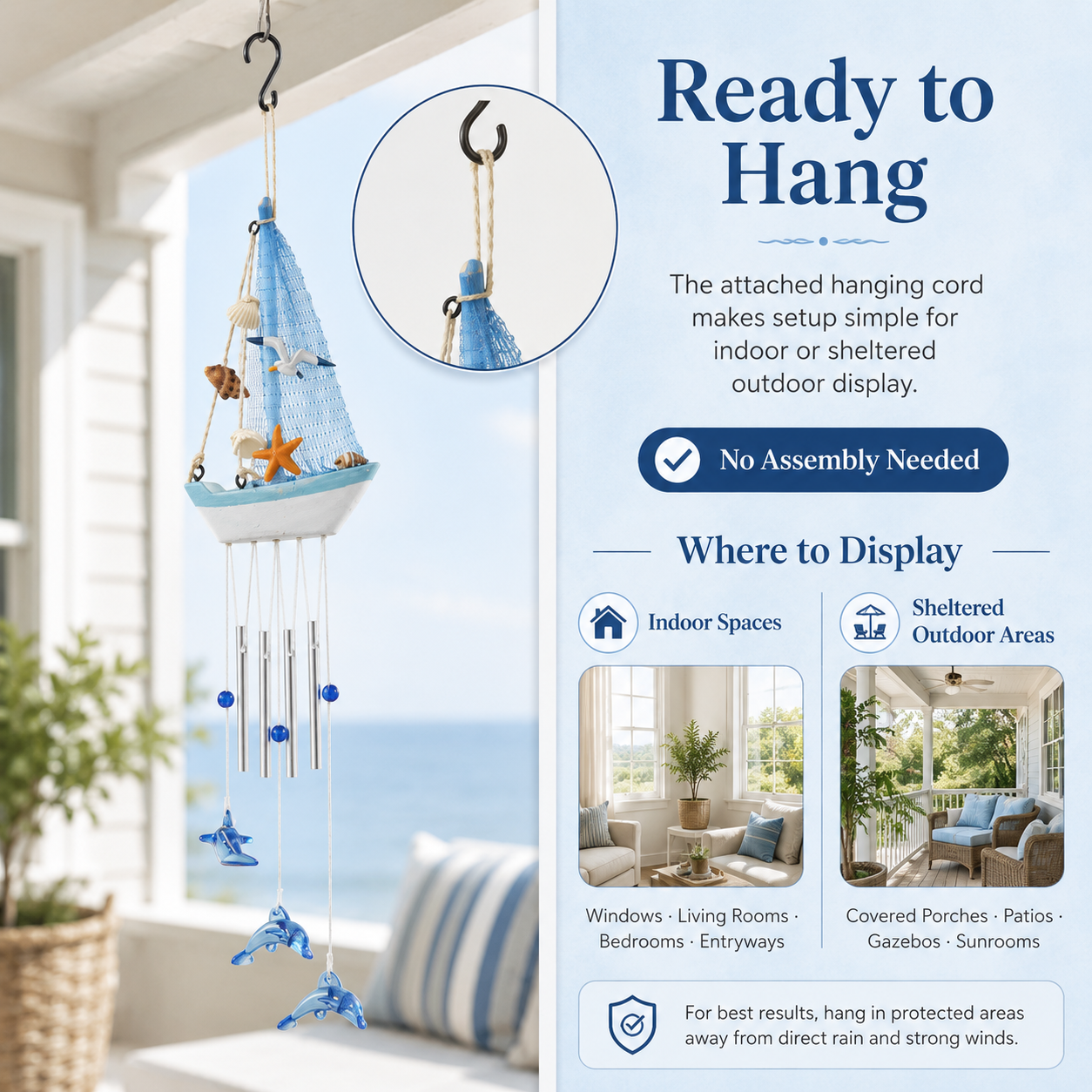 Coastal Sailboat Wind Chime with Dolphin Charms