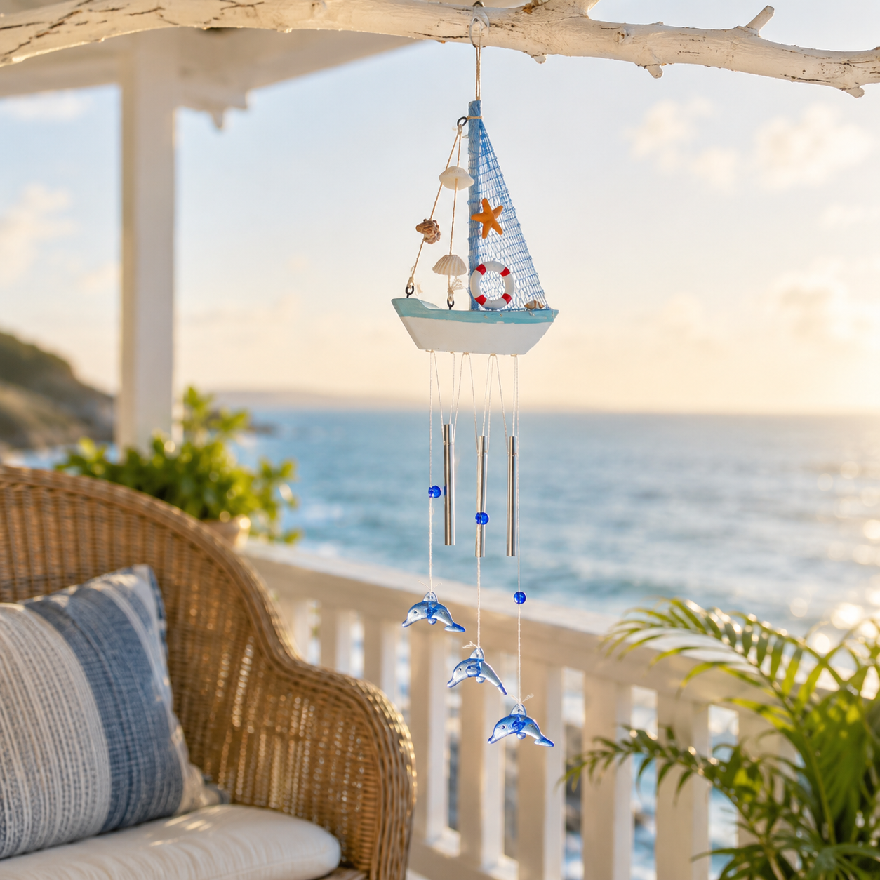 Coastal Sailboat Wind Chime with Dolphin Charms
