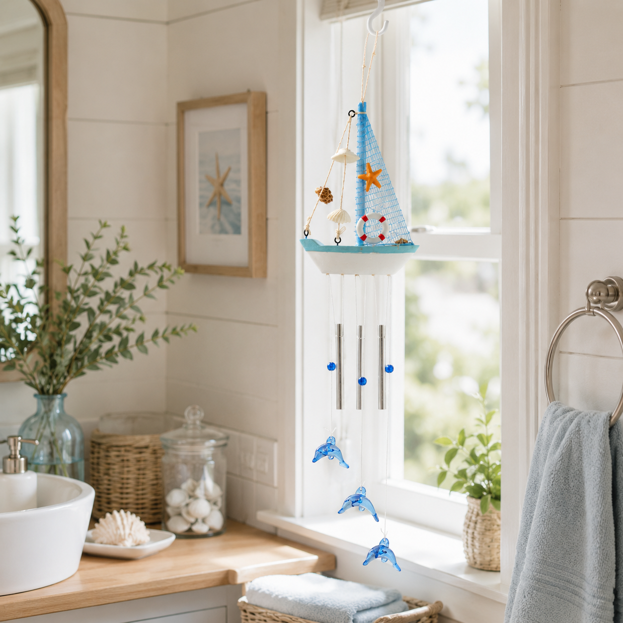 Coastal Sailboat Wind Chime with Dolphin Charms