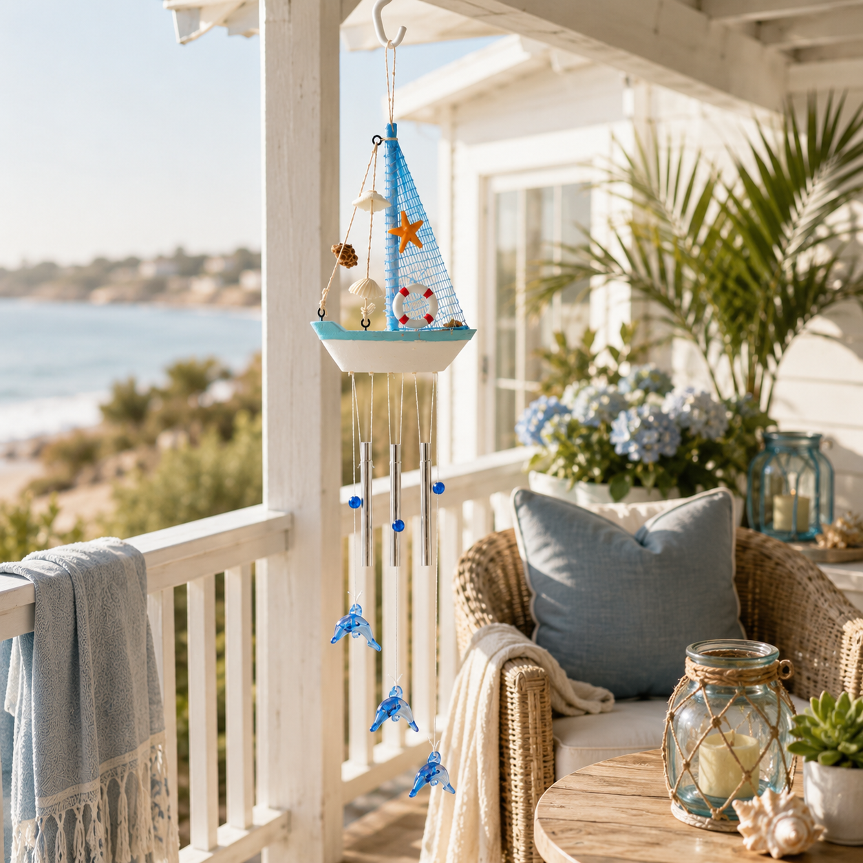 Coastal Sailboat Wind Chime with Dolphin Charms