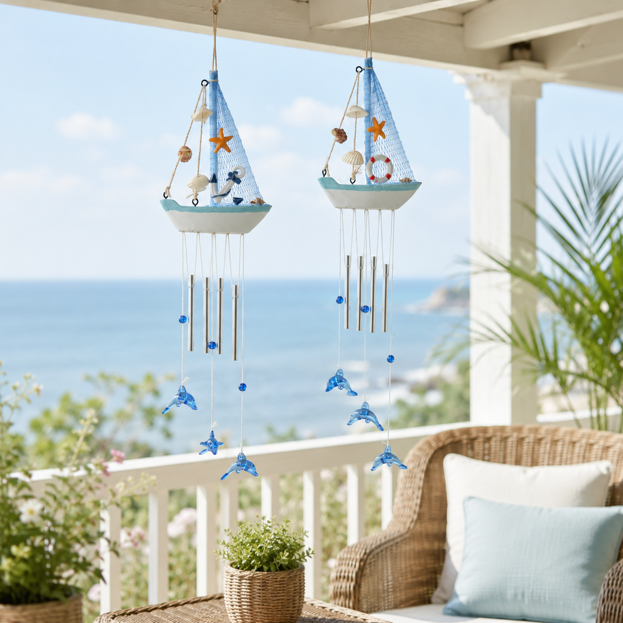 Coastal Sailboat Wind Chime with Dolphin Charms