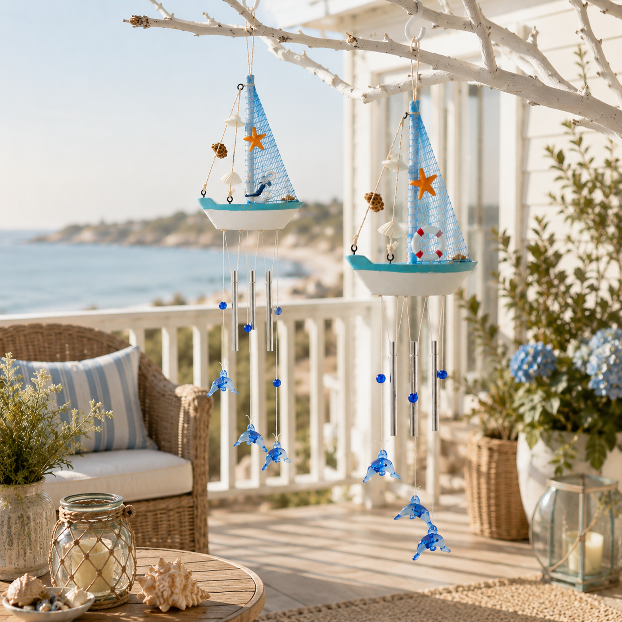 Coastal Sailboat Wind Chime with Dolphin Charms