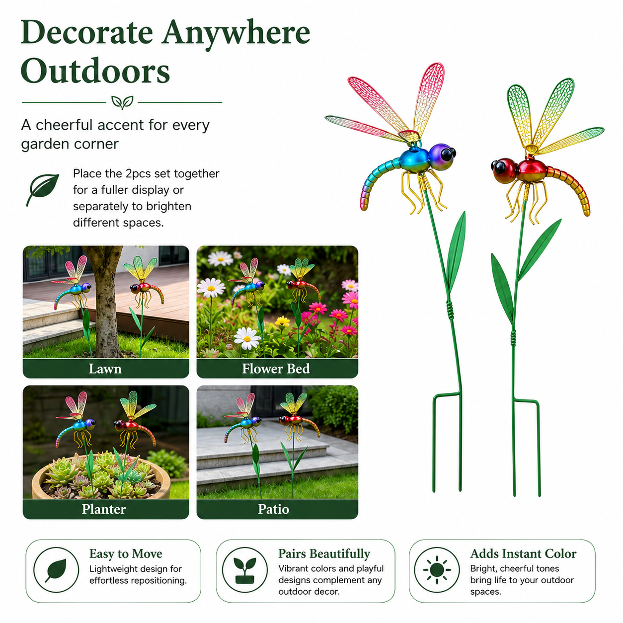 2 pcs Colorful Metal Dragonfly Garden Stakes