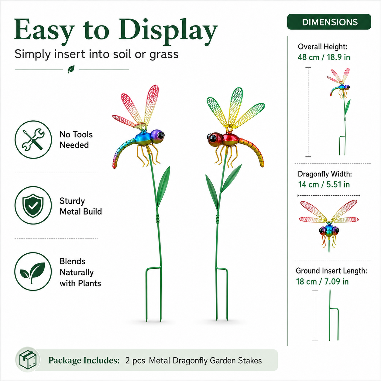 2 pcs Colorful Metal Dragonfly Garden Stakes