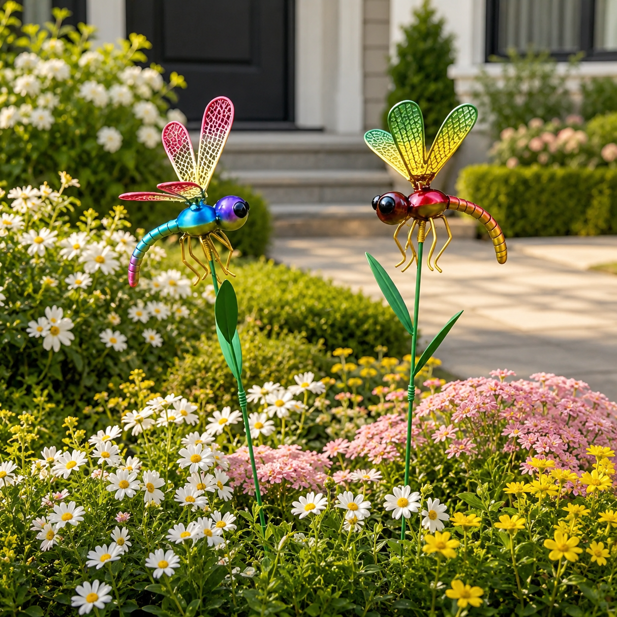 2 pcs Colorful Metal Dragonfly Garden Stakes
