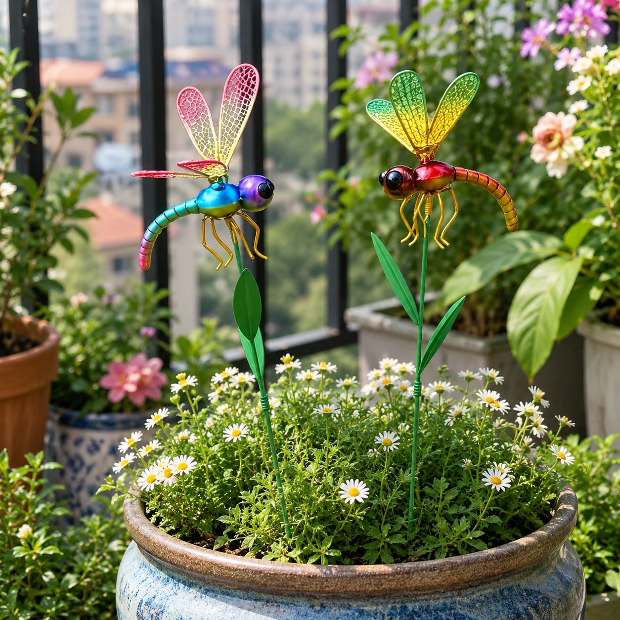 2 pcs Colorful Metal Dragonfly Garden Stakes