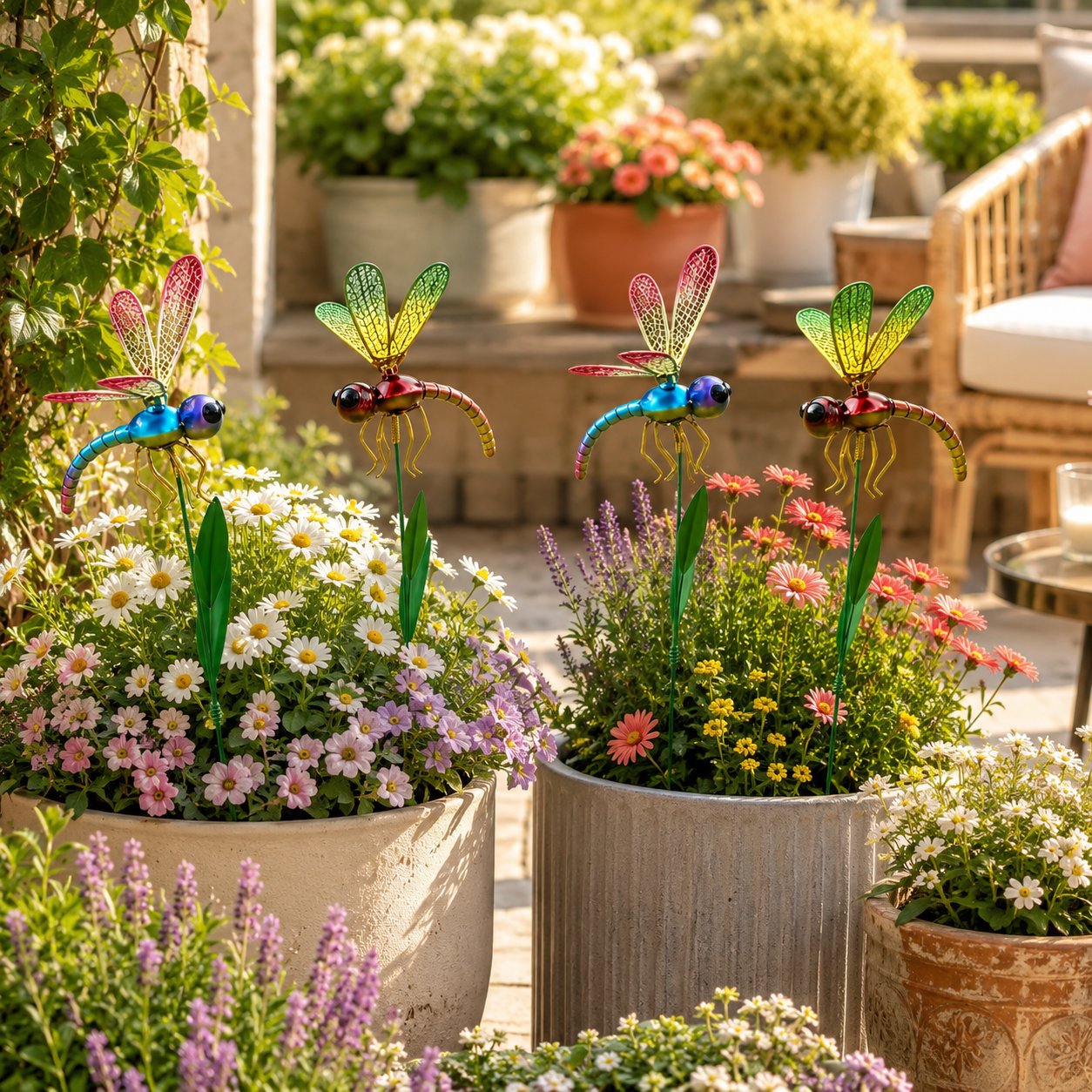 2 pcs Colorful Metal Dragonfly Garden Stakes