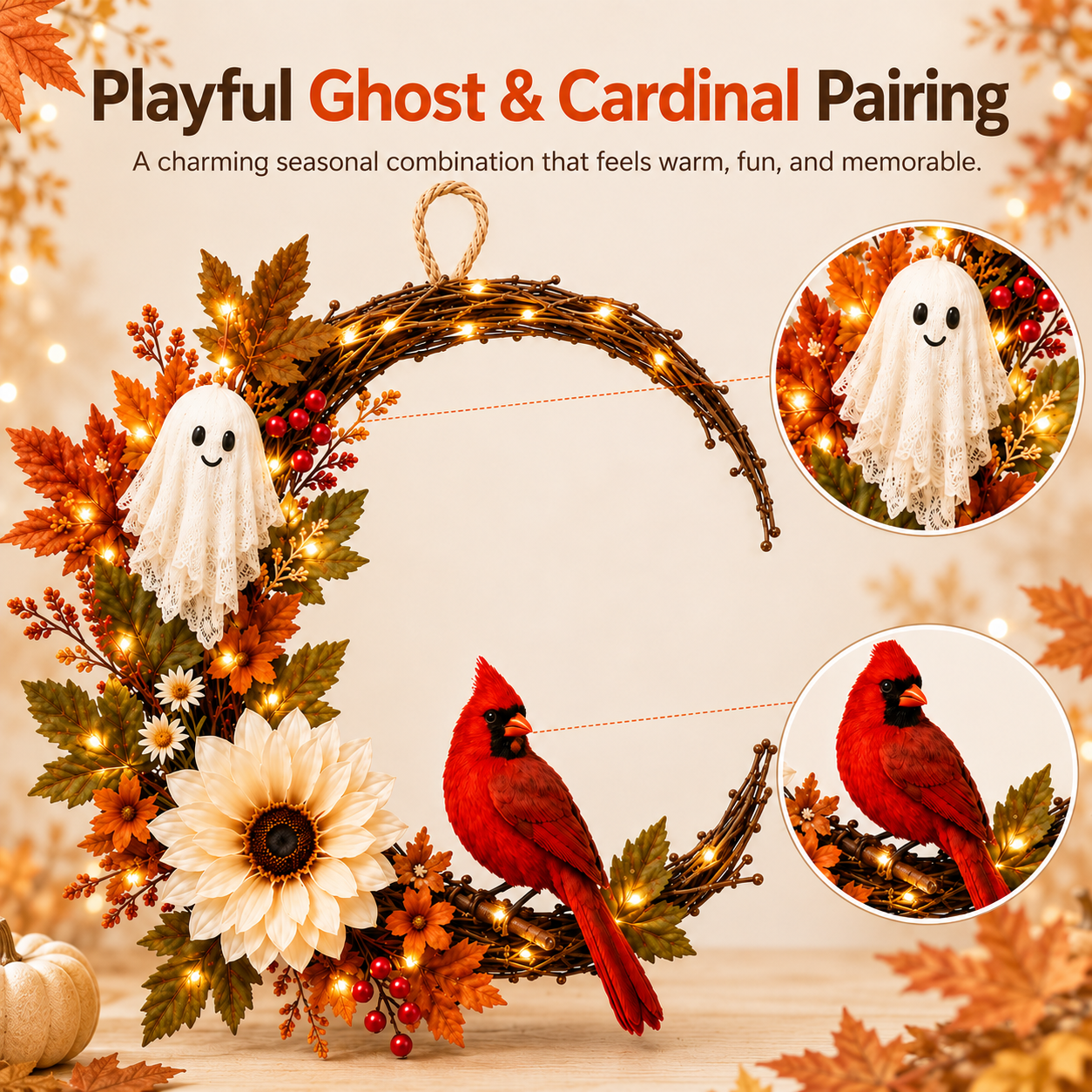 Lighted Ghost Cardinal Fall Wreath with Cozy Halloween Charm
