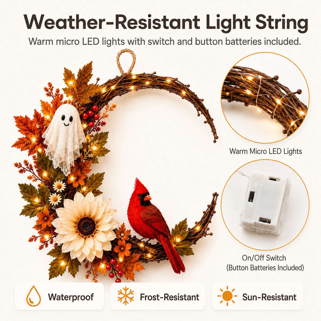 Lighted Ghost Cardinal Fall Wreath with Cozy Halloween Charm