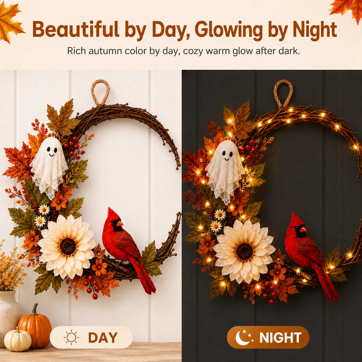 Lighted Ghost Cardinal Fall Wreath with Cozy Halloween Charm