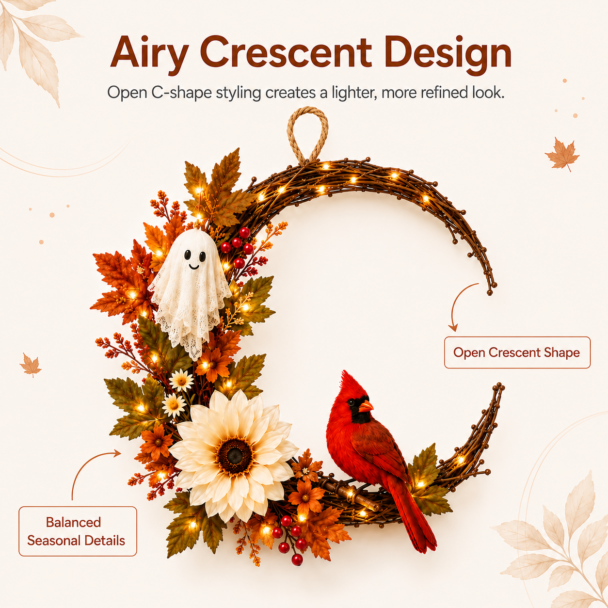 Lighted Ghost Cardinal Fall Wreath with Cozy Halloween Charm