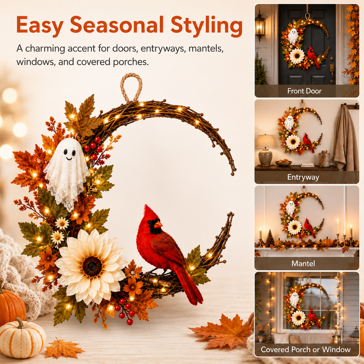Lighted Ghost Cardinal Fall Wreath with Cozy Halloween Charm