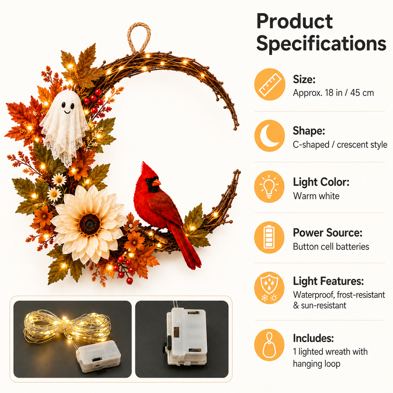 Lighted Ghost Cardinal Fall Wreath with Cozy Halloween Charm