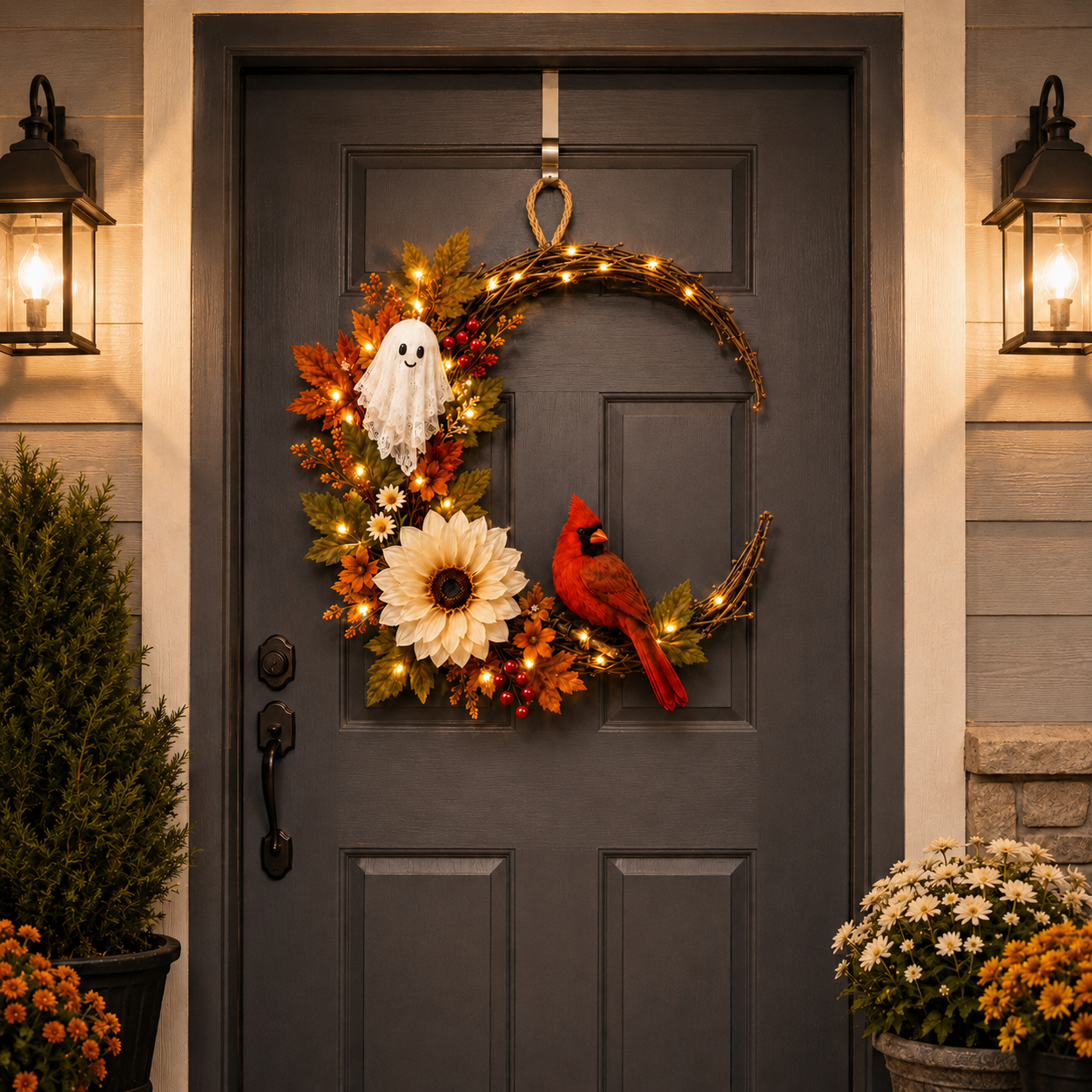 Lighted Ghost Cardinal Fall Wreath with Cozy Halloween Charm