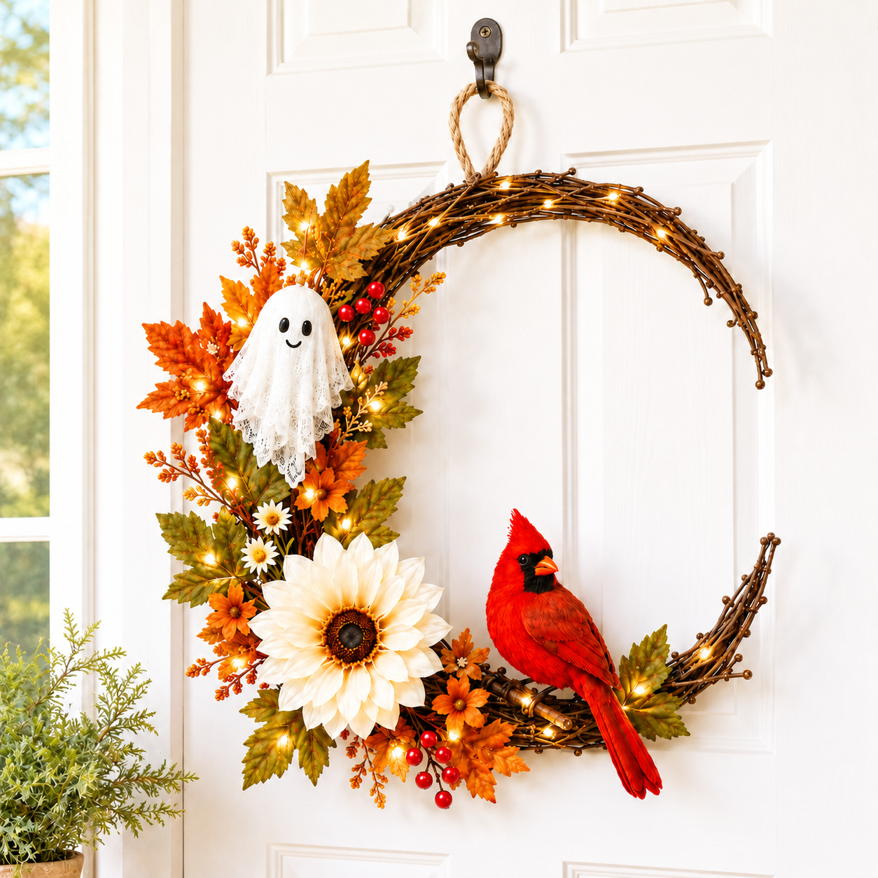 Lighted Ghost Cardinal Fall Wreath with Cozy Halloween Charm