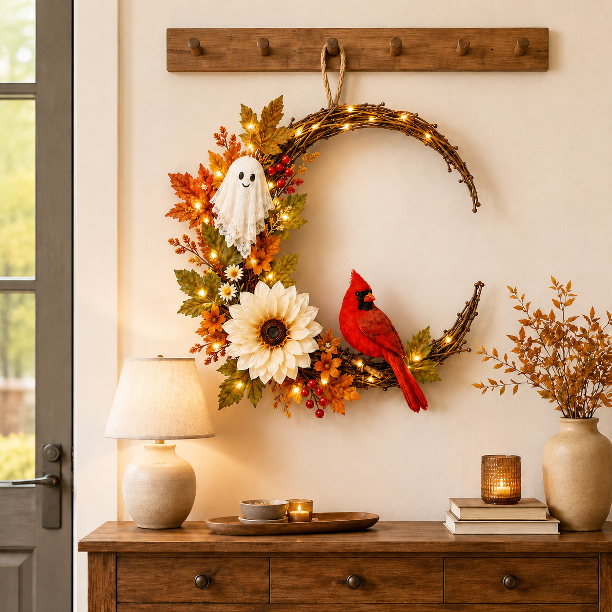 Lighted Ghost Cardinal Fall Wreath with Cozy Halloween Charm