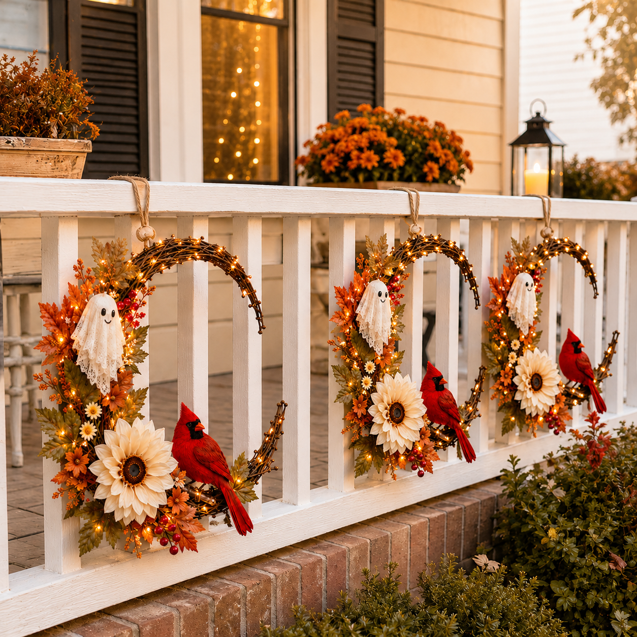 Lighted Ghost Cardinal Fall Wreath with Cozy Halloween Charm