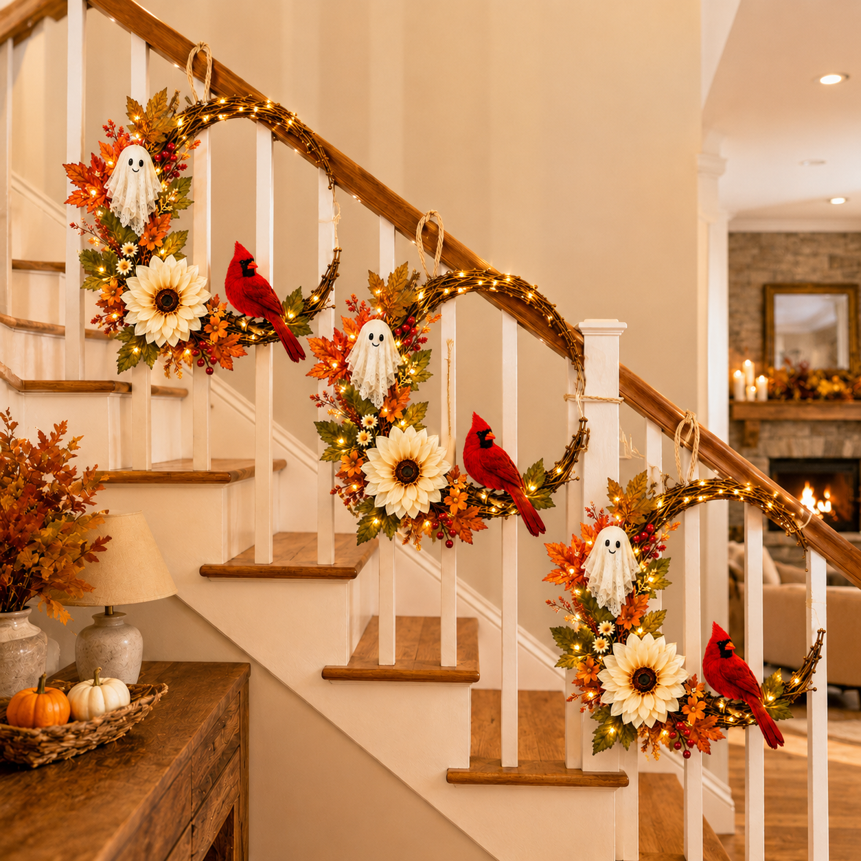 Lighted Ghost Cardinal Fall Wreath with Cozy Halloween Charm
