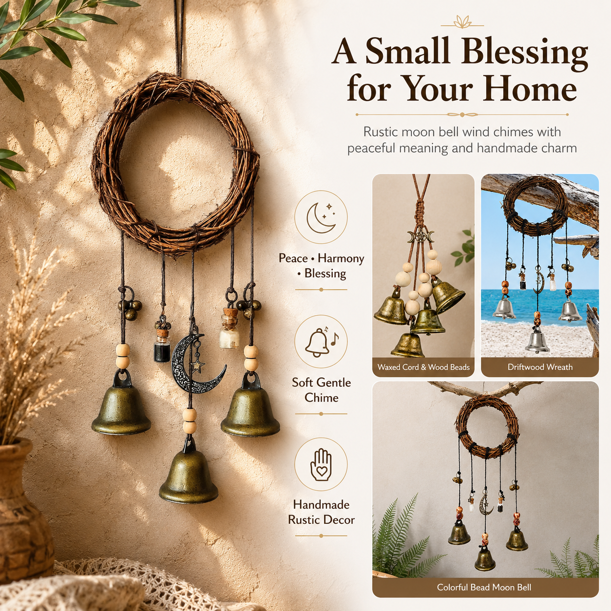 Rustic Moon Bell Wind Chime for Home Blessing Decor
