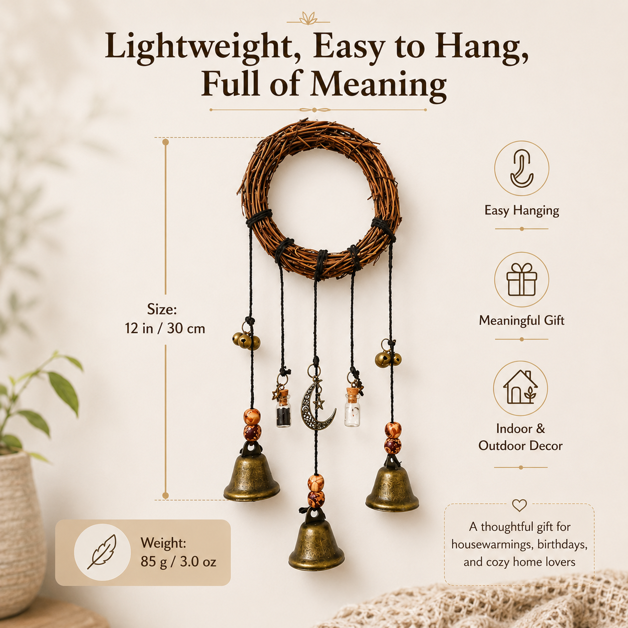 Rustic Moon Bell Wind Chime for Home Blessing Decor