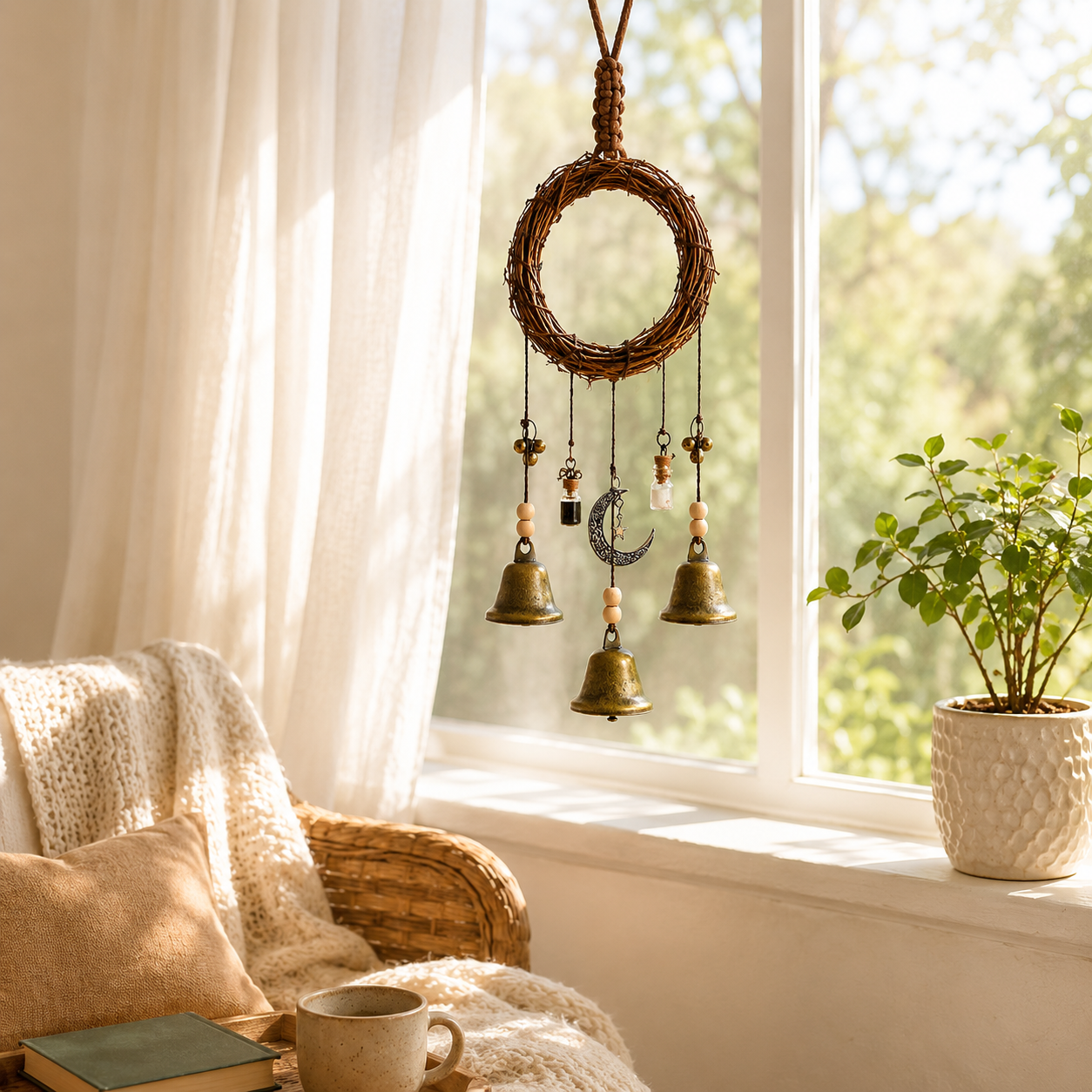 Rustic Moon Bell Wind Chime for Home Blessing Decor