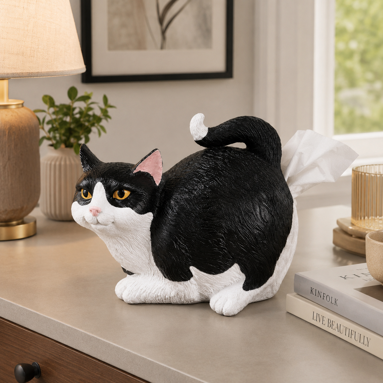 Realistic Cat Tissue Holder – Luxury Resin Desktop Decor