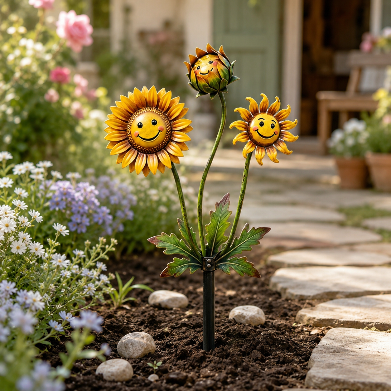 Smiling Sunflower Metal Garden Stake – Colorful Flower Yard Decor for Garden, Patio, Lawn & Planters