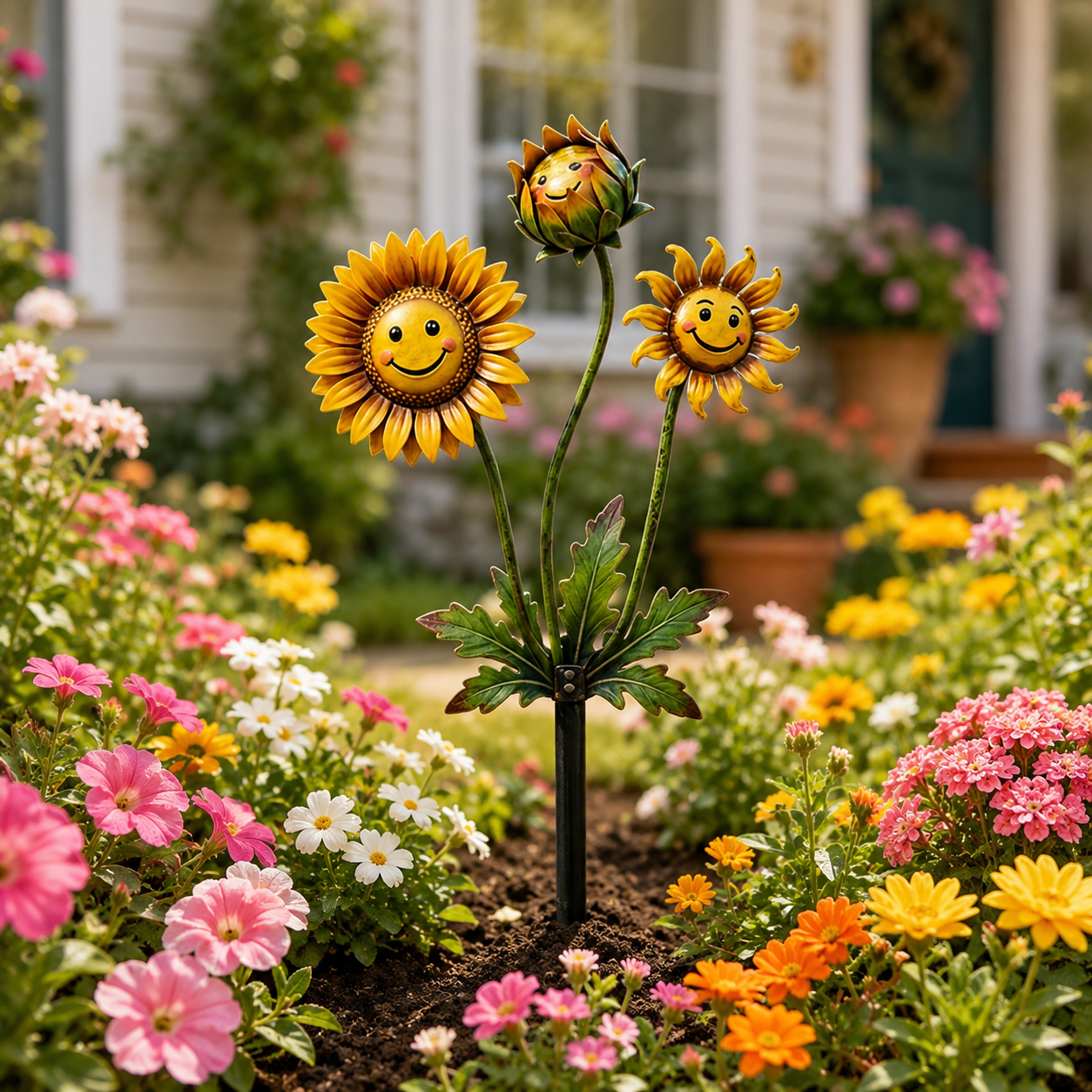 Smiling Sunflower Metal Garden Stake – Colorful Flower Yard Decor for Garden, Patio, Lawn & Planters