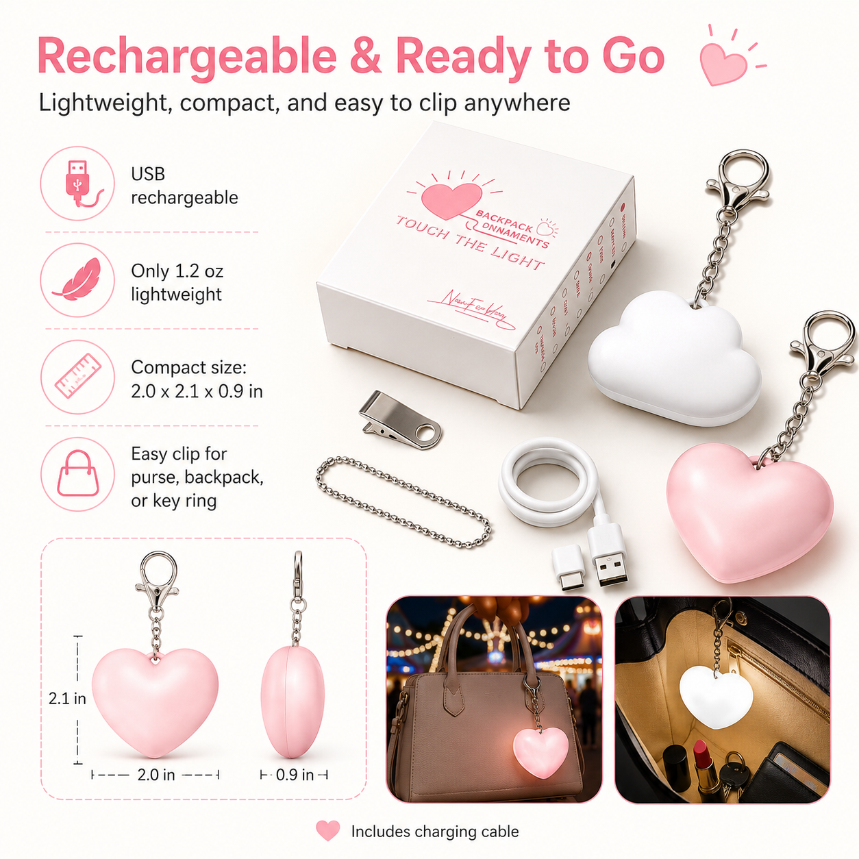 Rechargeable Touch Night Light Keychain, Cute Heart/Paw/Cloud Bag Light for Purse, Backpack, Keys & Travel