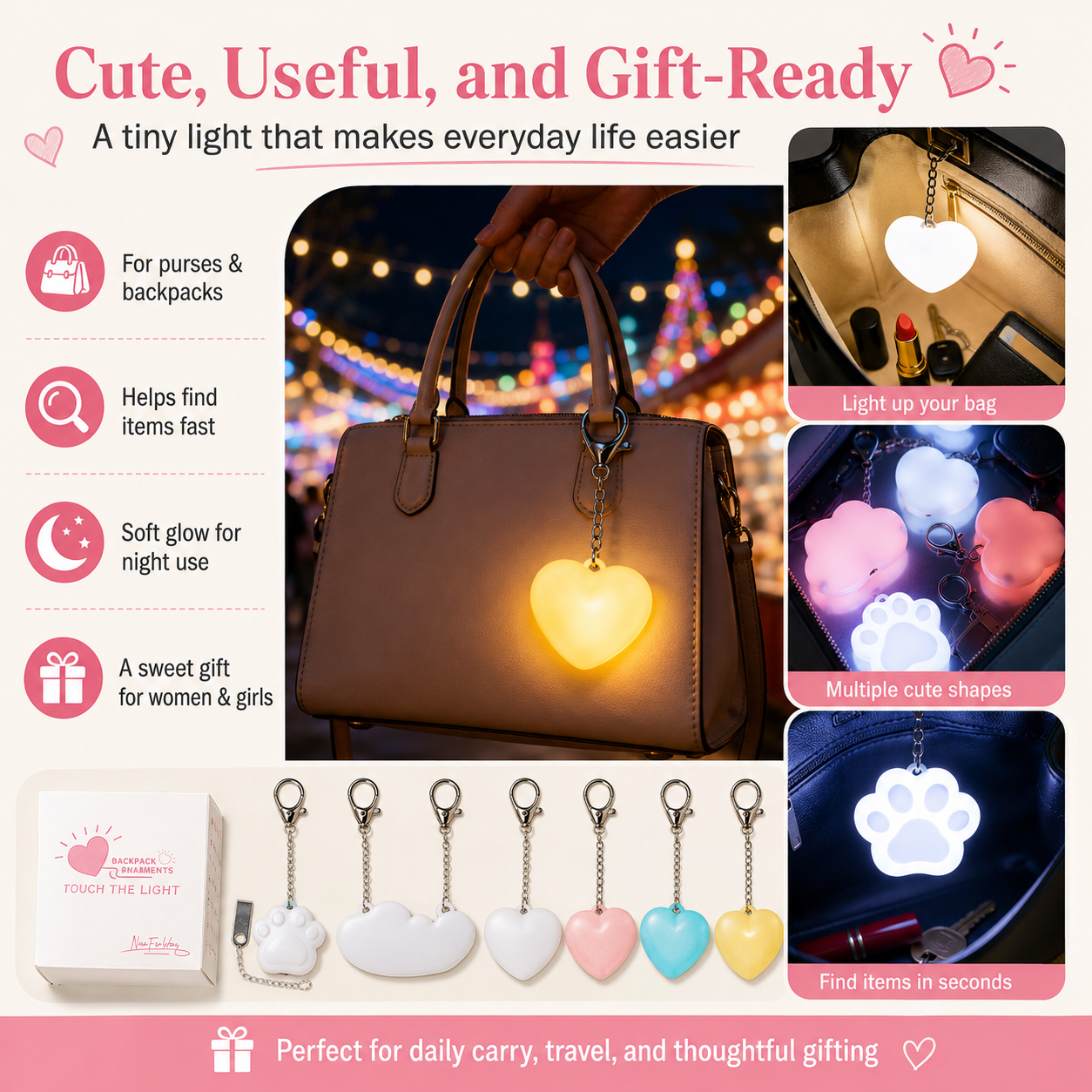 Rechargeable Touch Night Light Keychain, Cute Heart/Paw/Cloud Bag Light for Purse, Backpack, Keys & Travel