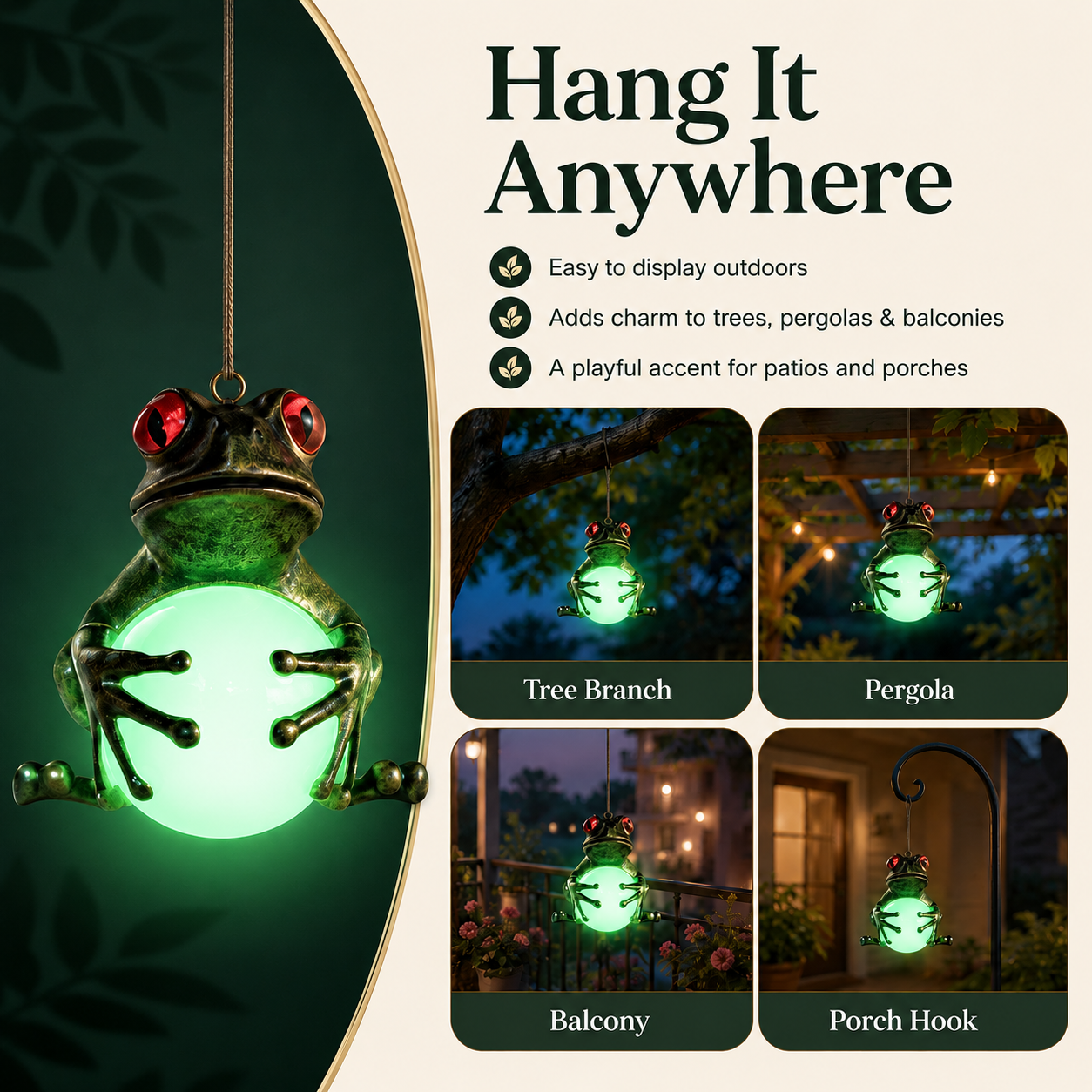 Glow-in-the-Dark Frog Hanging Garden Decor, Cute Frog with Glowing Ball for Patio, Balcony, Porch