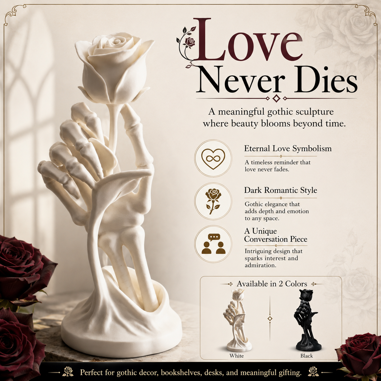 Gothic Skeleton Hand Rose Statue – Love Never Dies Decor