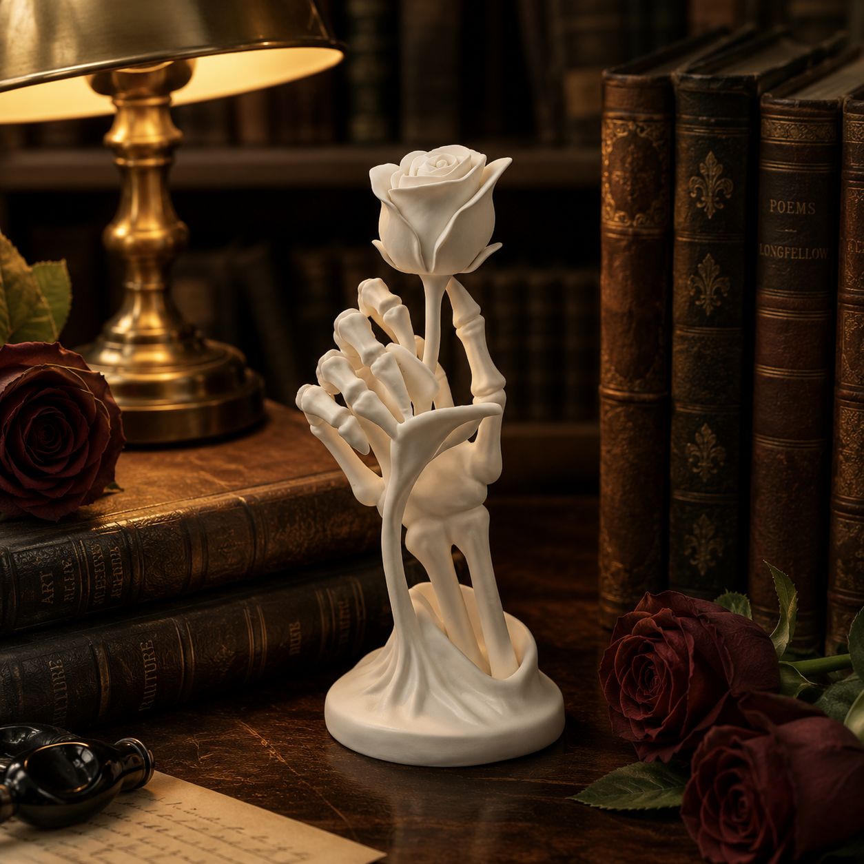 Gothic Skeleton Hand Rose Statue – Love Never Dies Decor