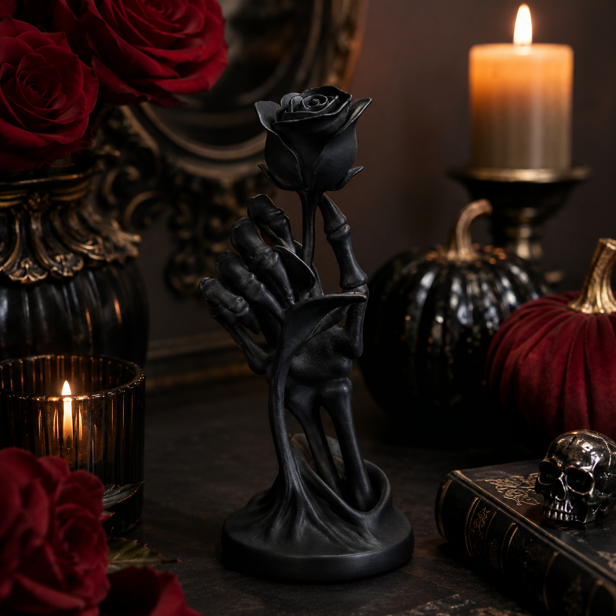 Gothic Skeleton Hand Rose Statue – Love Never Dies Decor