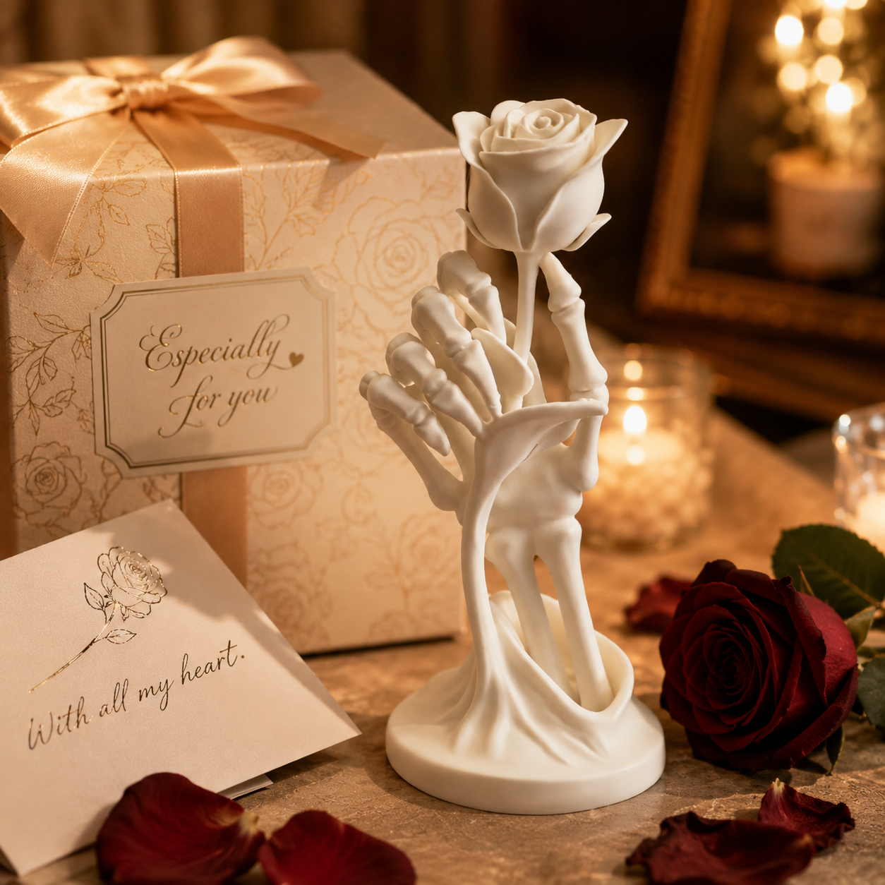 Gothic Skeleton Hand Rose Statue – Love Never Dies Decor