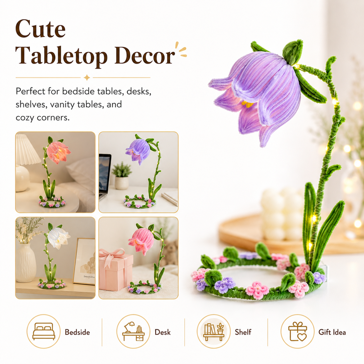 Handmade Glowing Bell Flower Lamp, Cute Floral Night Light for Bedroom Decor