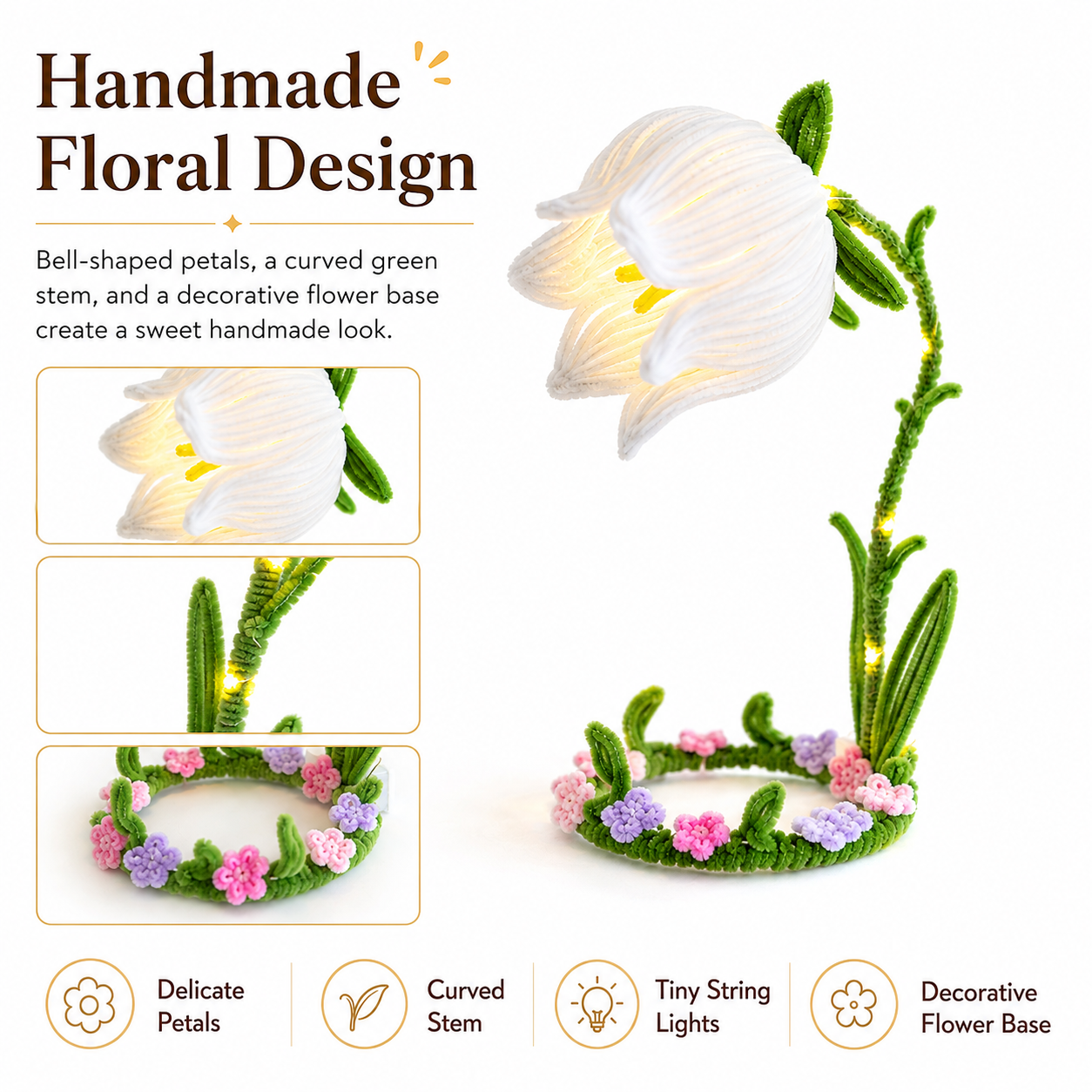 Handmade Glowing Bell Flower Lamp, Cute Floral Night Light for Bedroom Decor