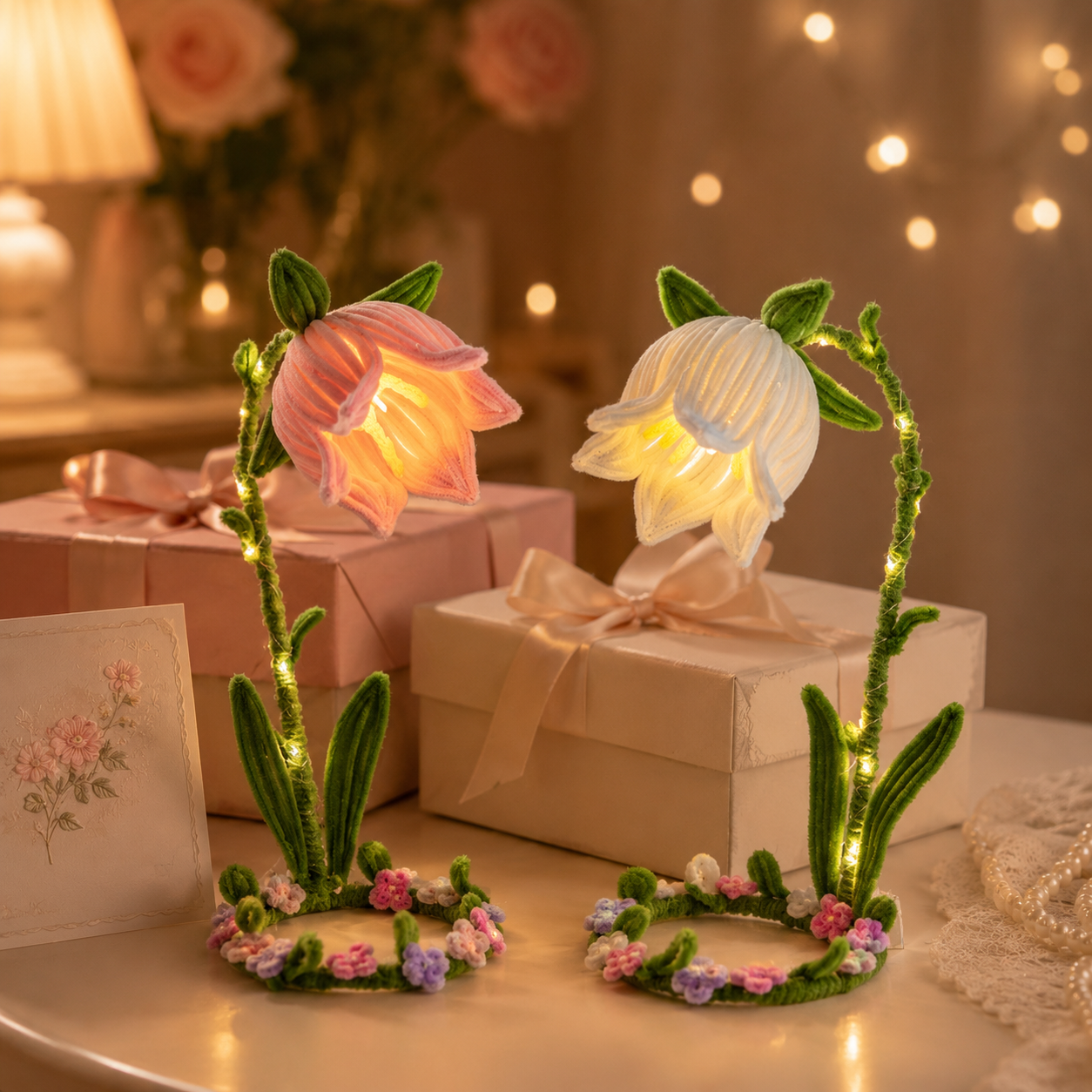 Handmade Glowing Bell Flower Lamp, Cute Floral Night Light for Bedroom Decor