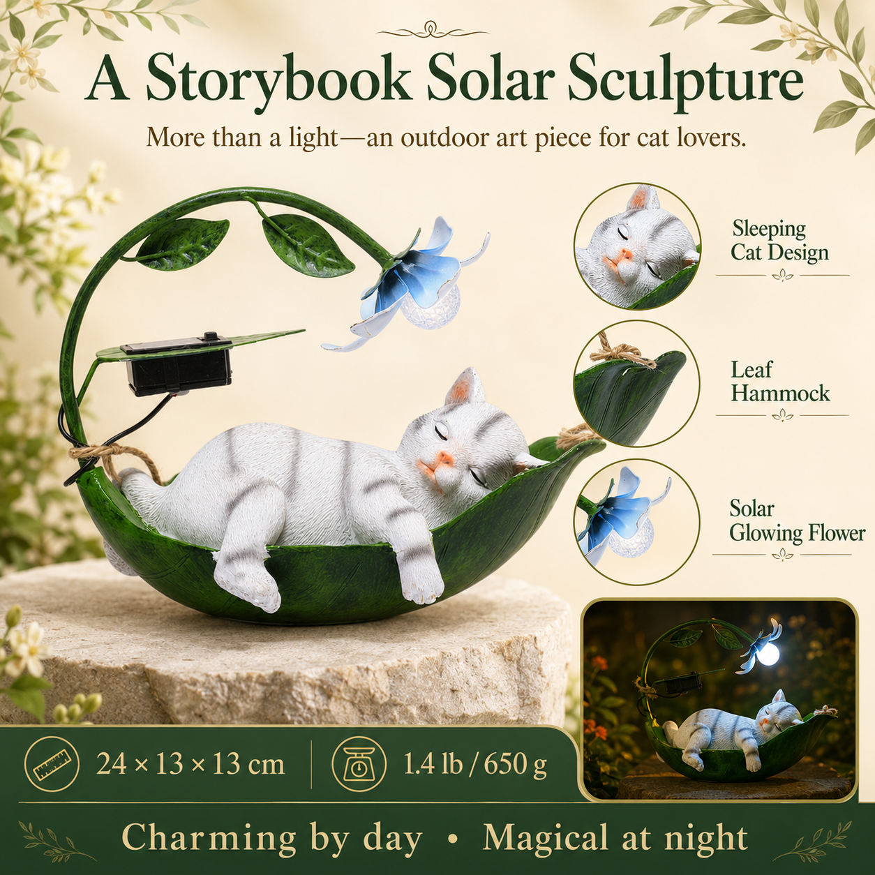 The Sleeping Cat Hammock Garden Light – A Storybook Solar Sculpture for Cat Lovers