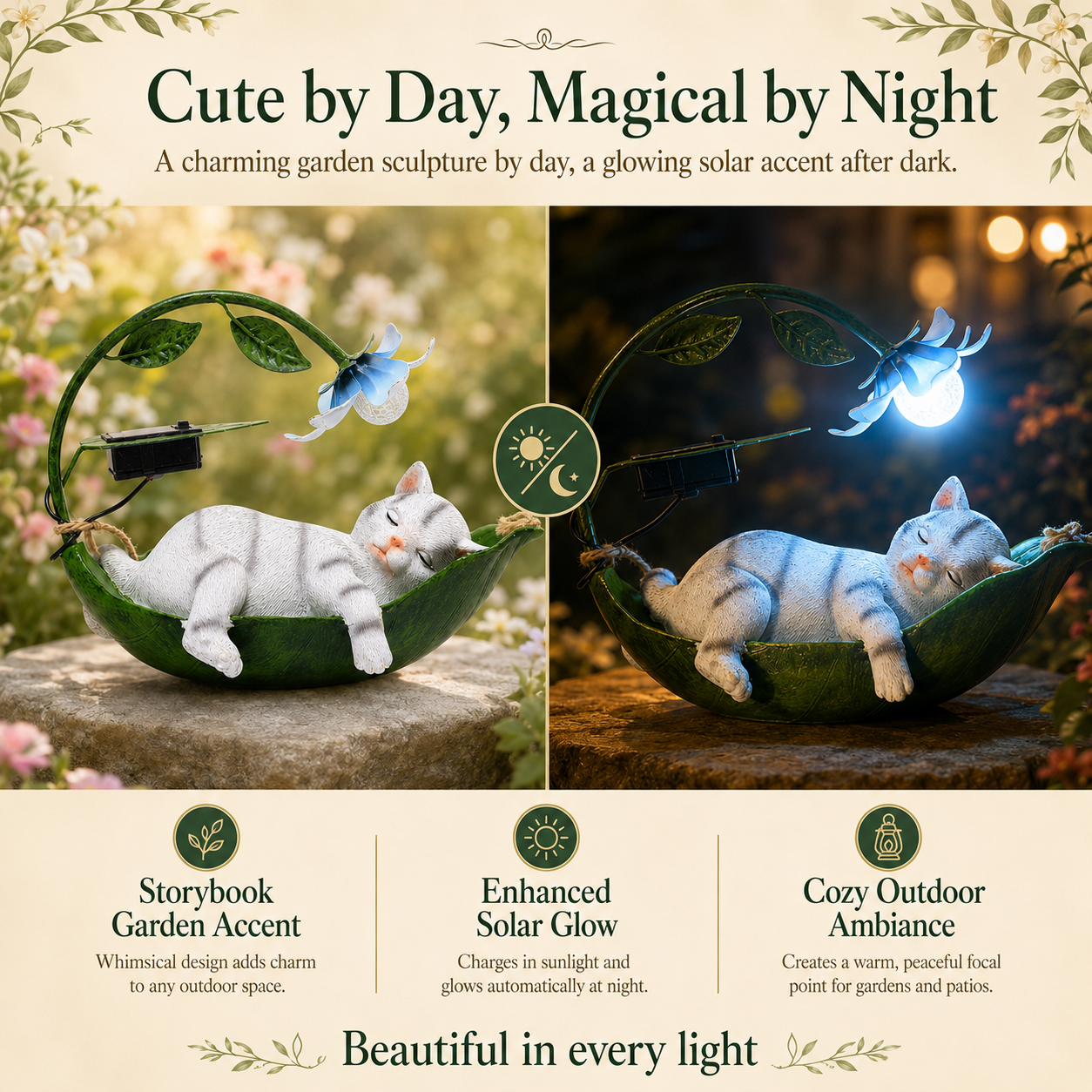 The Sleeping Cat Hammock Garden Light – A Storybook Solar Sculpture for Cat Lovers