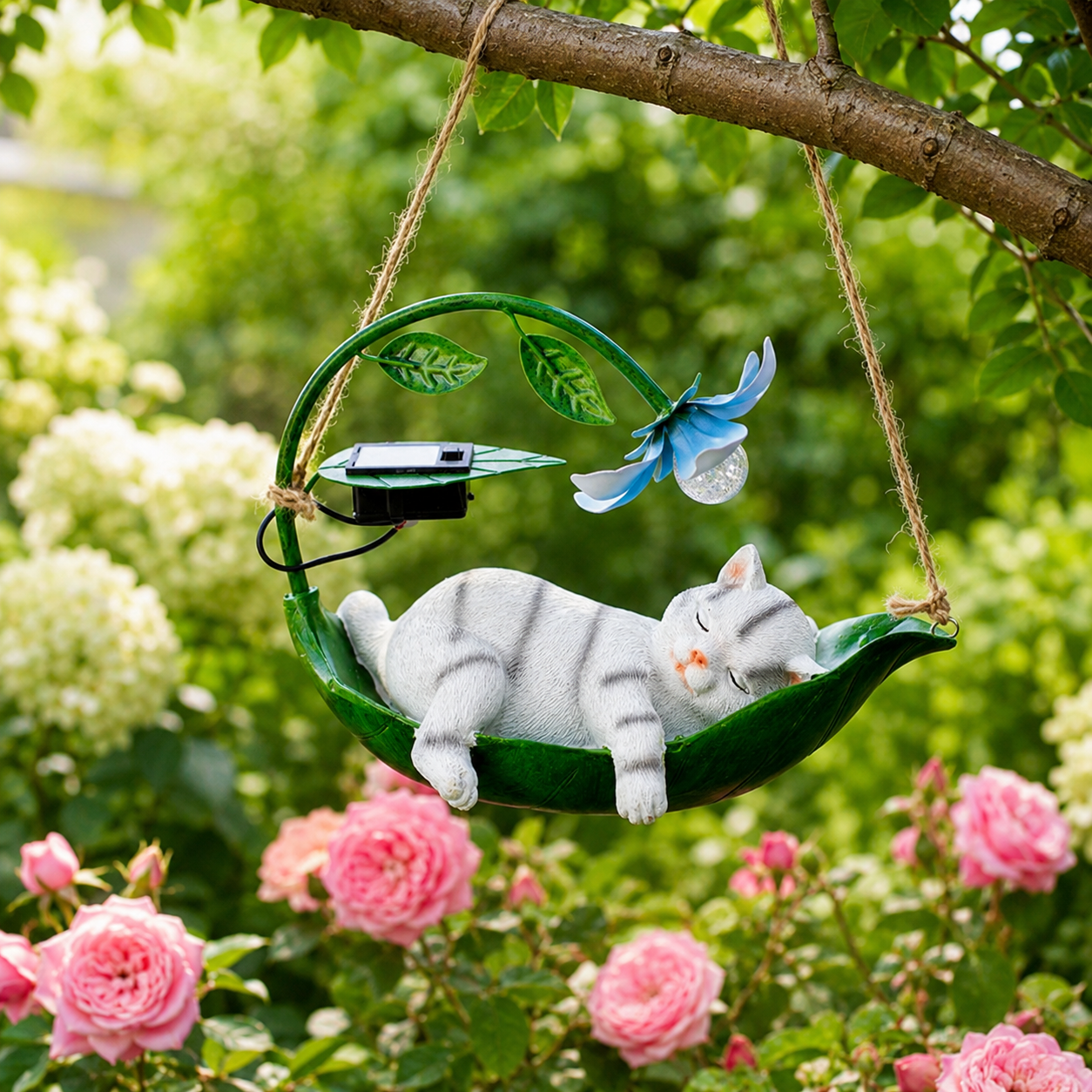 The Sleeping Cat Hammock Garden Light – A Storybook Solar Sculpture for Cat Lovers