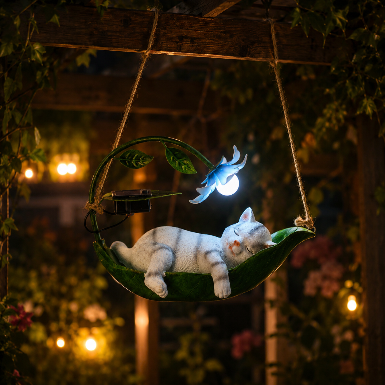 The Sleeping Cat Hammock Garden Light – A Storybook Solar Sculpture for Cat Lovers