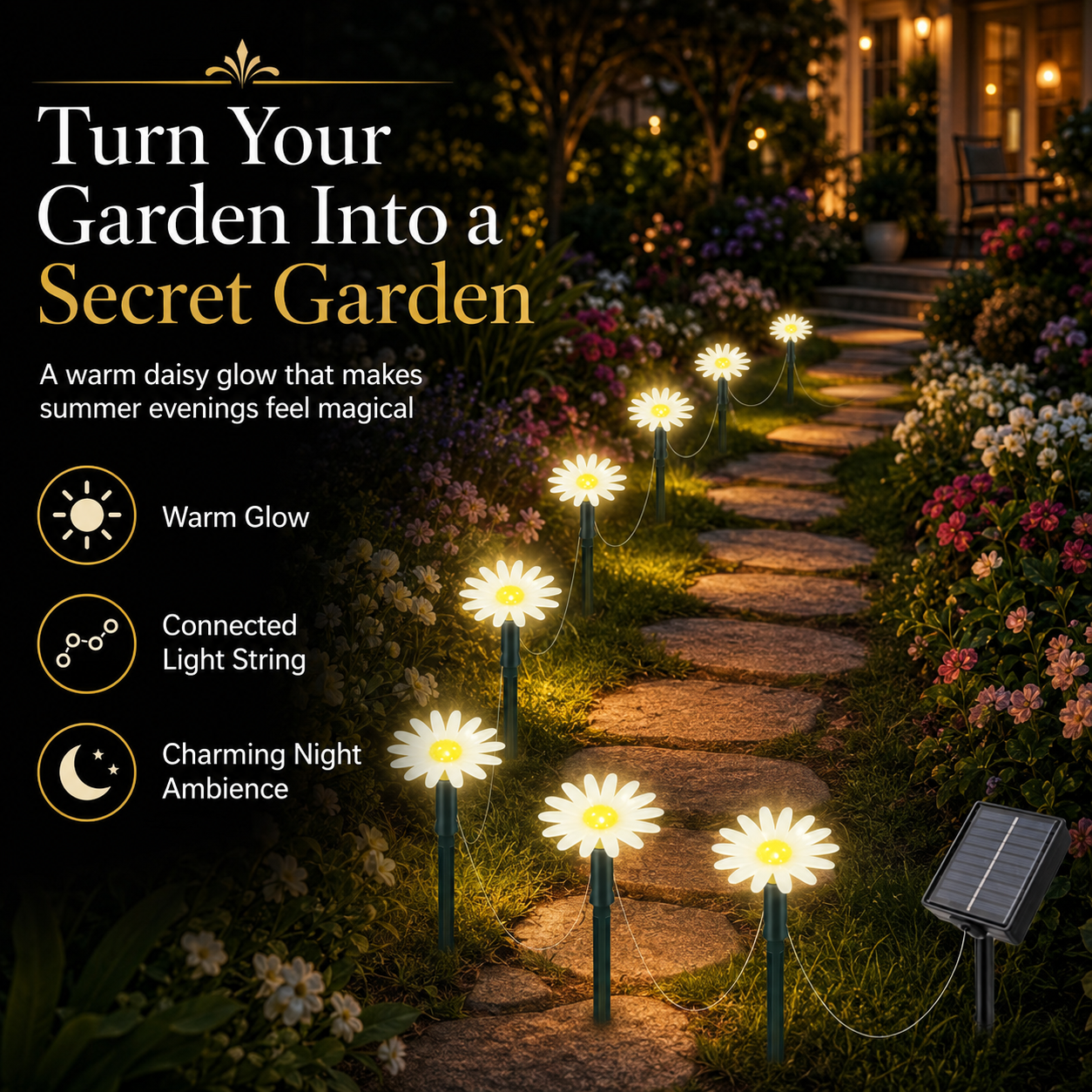 Twilight Daisy Glow – Secret Garden Solar Lights for Magical Summer Nights
