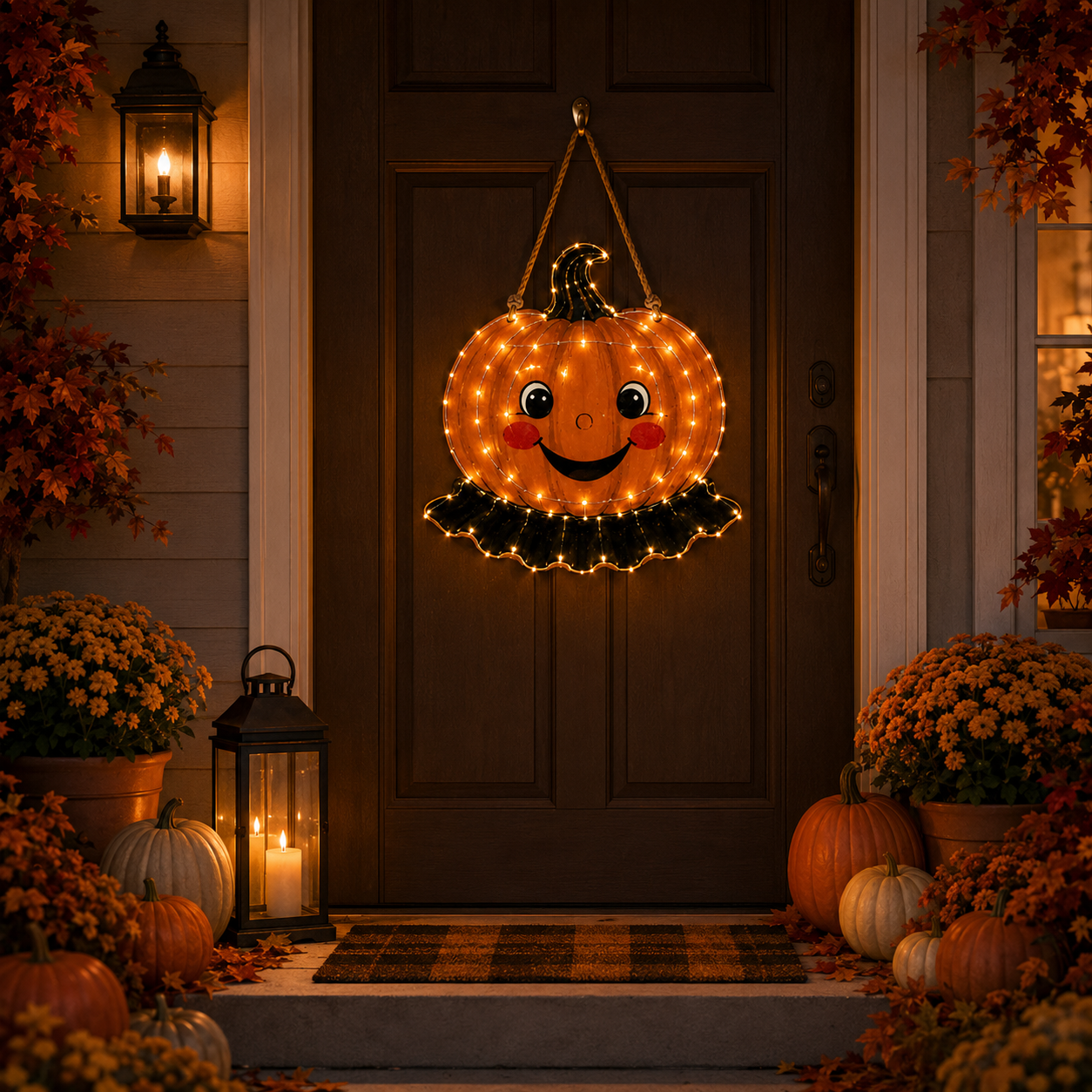 Lighted Smiling Pumpkin Door Hanger