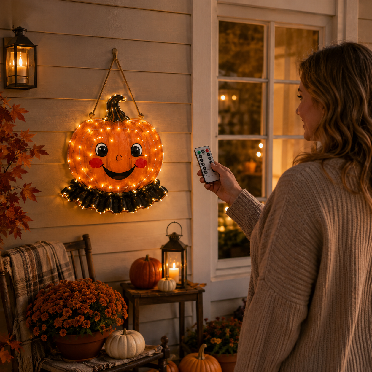 Lighted Smiling Pumpkin Door Hanger