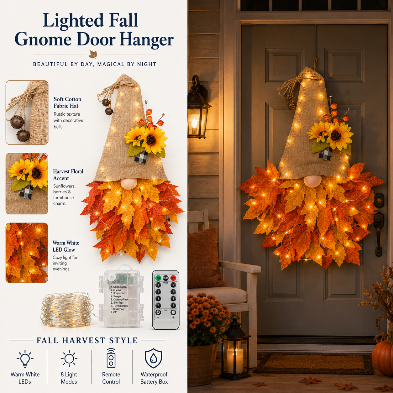 Lighted Fall Gnome Door Hanger