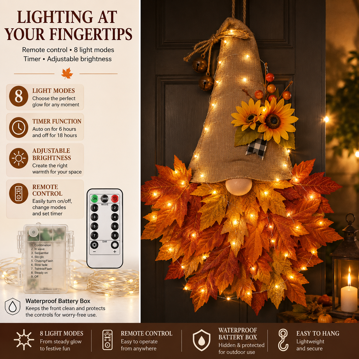 Lighted Fall Gnome Door Hanger