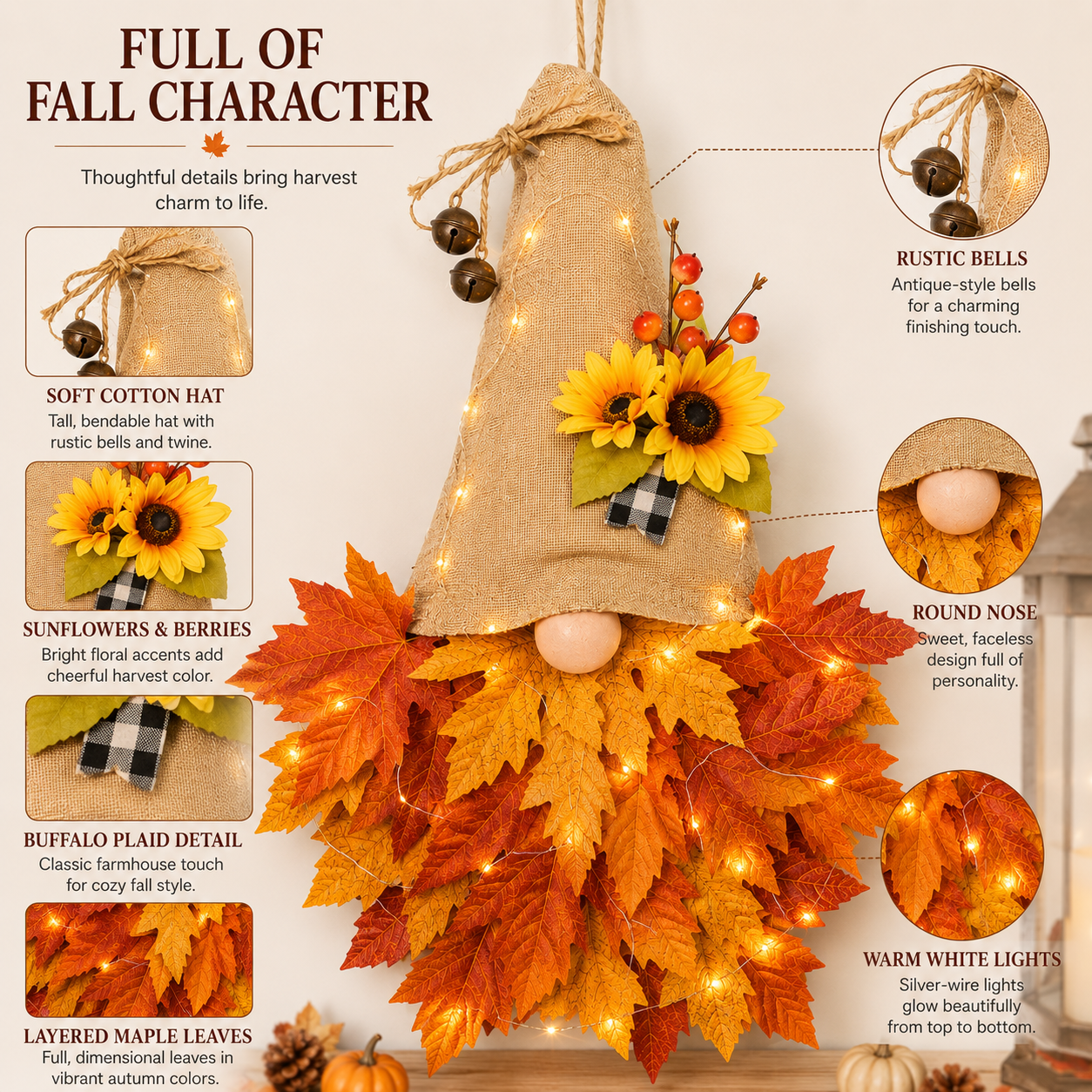 Lighted Fall Gnome Door Hanger